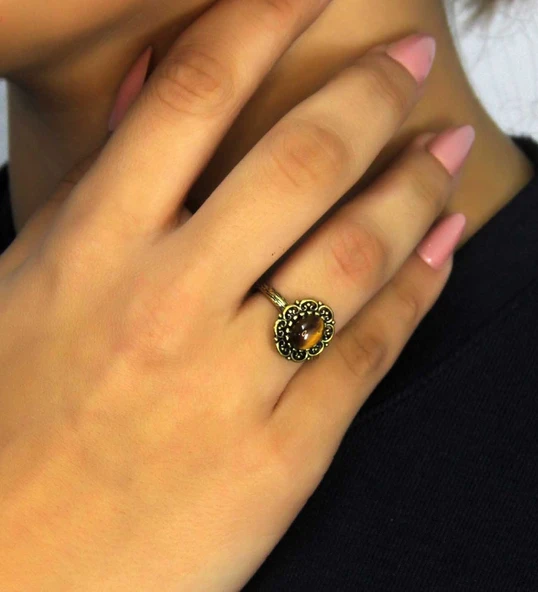 Doğal Taş Kaplangözü Doğal Taşlı Antik Model Kadın Ayarlanabillir Yüzük euy77kg - Resim 2