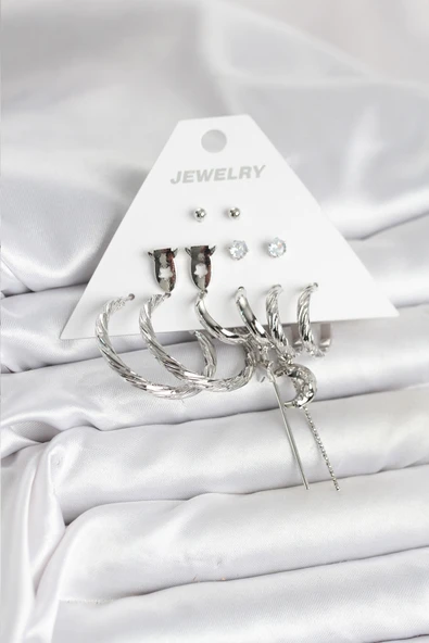 Gümüş Renk Pirinç 6'lı Kadın Küpe Seti - EBJ251025W38262 ürün görseli