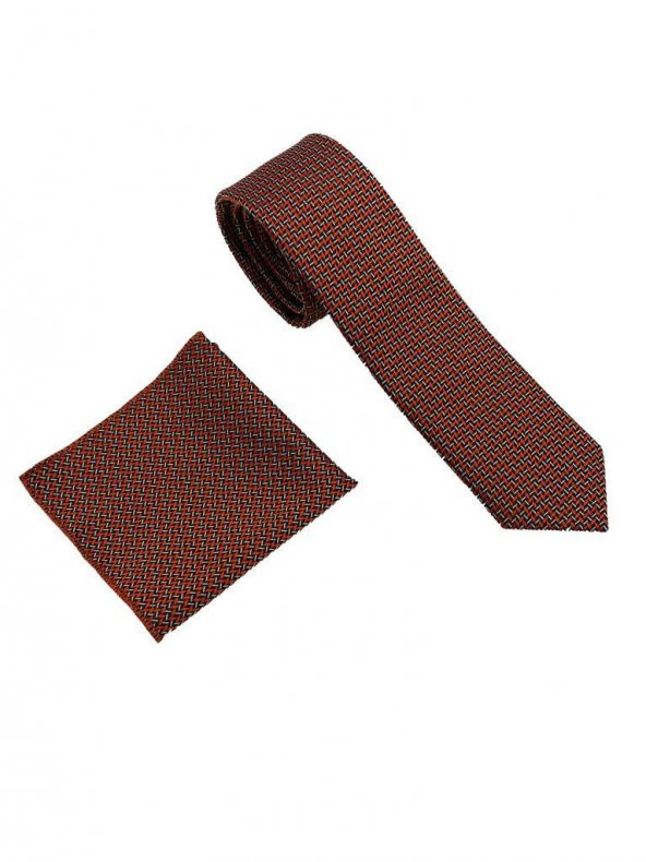 Brianze Oranj  Desenli Kravat Mendil Set - Resim 2
