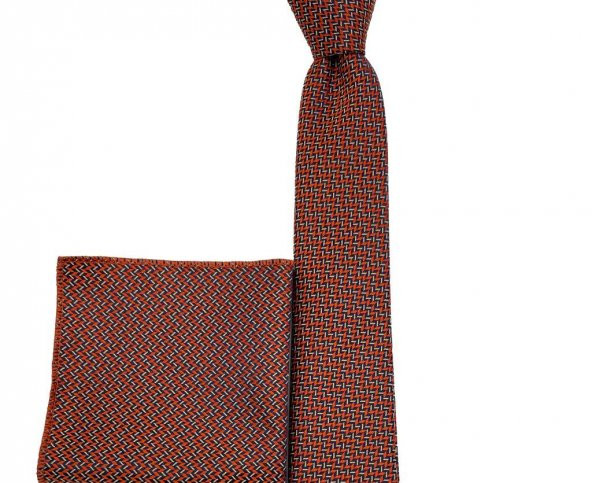 Brianze Oranj  Desenli Kravat Mendil Set - Resim 3