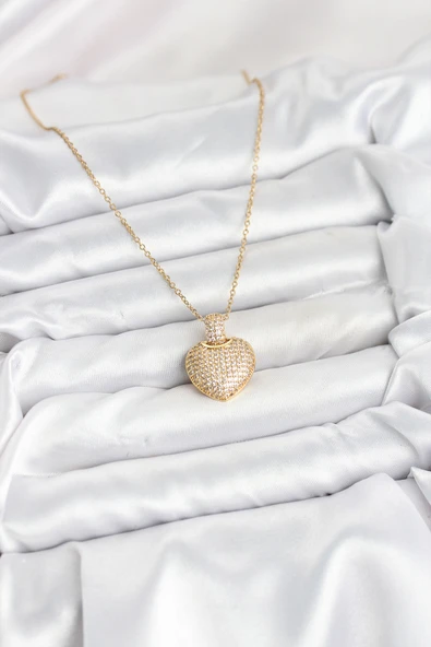 Zincir Gold Renk Zirkon Taşlı Kalpli Kadın Kolye - EBJ251025W38295 - Resim 2