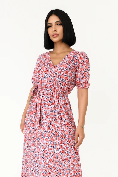 Çiçek Desenli  Yırtmaçlı Elbise - PEMBE