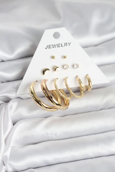 Gold Renk 6 Çiftli Pirinç Kadın Küpe Seti - EBJ251025W38250 ürün görseli