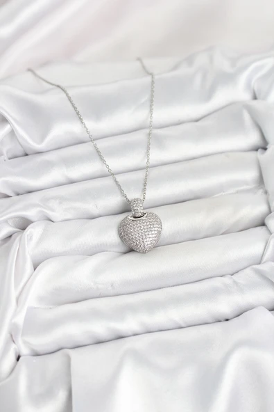 Zincir Gümüş Renk Zirkon Taşlı Kalpli Kadın Kolye - EBJ251025W38294 - Resim 2