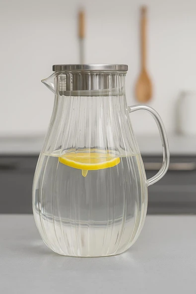 Metal Kapaklı Çizgili Cam Sürahi 1800 ml – Isıya Ve Ateşe Dayanıklı Şeffaf İnox Cam Bitki Çay Demleme ürün görseli 1