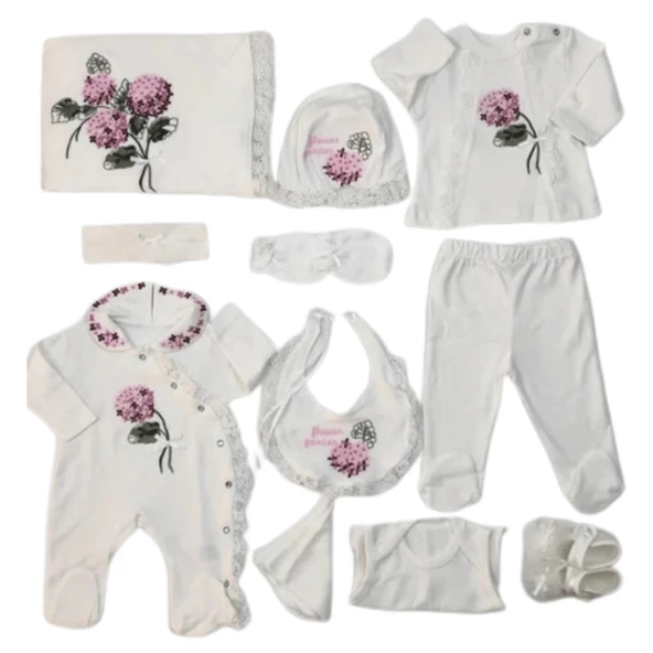 Eda Baby %100 Pamuk Kız Bebek Kaneviçe Işlemeli 10 Lu Hastane Çıkışı Seti Beyaz EDA.BYZ.5456 - 2
