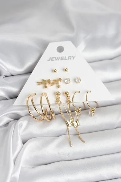 Pirinç Gold Renk 6 Çiftli Kadın Küpe Seti - EBJ251025W38254 ürün görseli