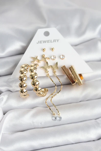 Gold Renk Pirinç 6 Çift Kadın Küpe Seti - EBJ251025W38255 ürün görseli