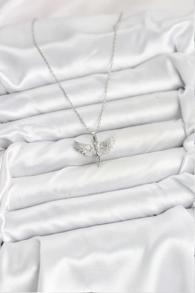 Zincir Gümüş Renk Melek Model Kadın Kolye - EBJ251025W38310 - Resim 2