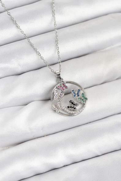 Zincir Gümüş Renk Zirkon Taşlı Kelebekli Kadın Kolye - EBJ251025W38296 ürün görseli