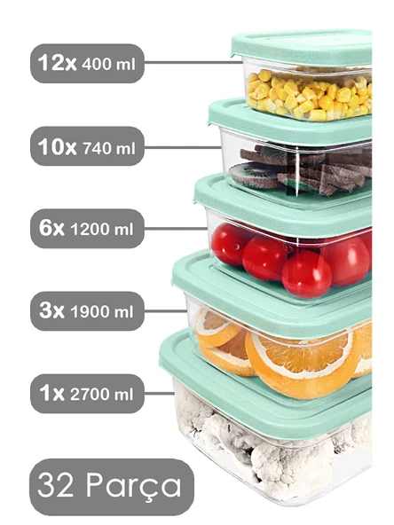 Meleni Home 32'li Dikdörtgen Erzak Saklama Kabı Seti Erzak Kabı Yeşil - Resim 2