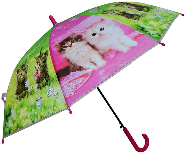 8 Telli Yarı Otomatik 84cm Çaplı Düdklü Kedi Desenli Çocuk Baston Şemsiye