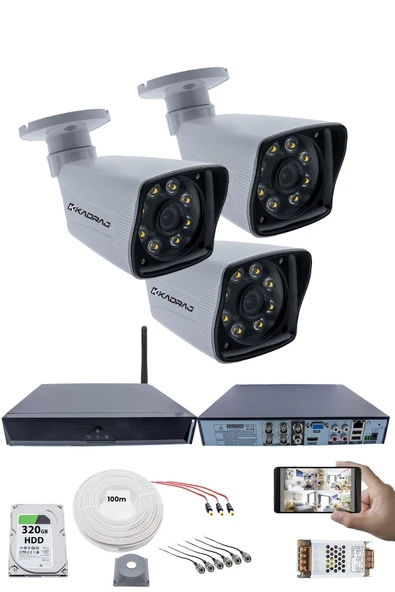 3 Kameralı Güvenlik Seti - 5MP Sony SecuLens, 1080p Full HD AHD, 8 Ultra Warm LED, Gece Renkli Görüş, 5MP DVR + WiFi Adaptörü, V1