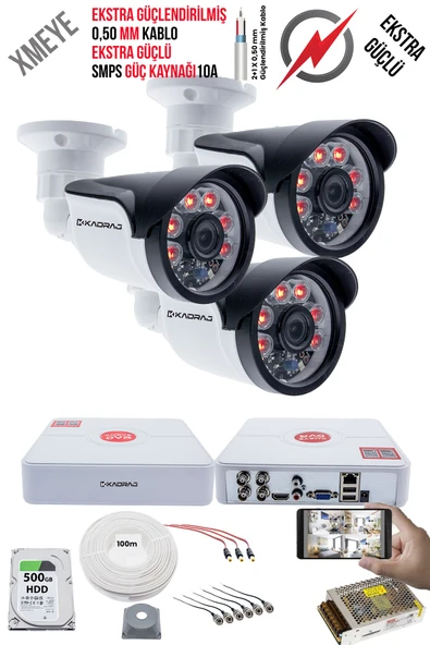 3 Kameralı Güvenlik Kamera Seti - Ekstra Uzun Mesafeli Güçlü, 5MP Sony Lens, 70m Dayanıklı Kablolama, 6 Atom LED, 500GB H.D.D