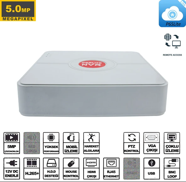 Kadraj NVR Kayıt Cihazı 9 Kanal 5MP 1080P H265 5in1 Hibrit P6SLite - 4
