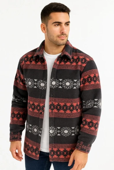 Erkek Desenli Polar Gömlek – Etnik Şerit Desen Yakalı, Uzun Kollu, Düğmeli, Oversize Rahat Kalıp - Füme ürün görseli 1