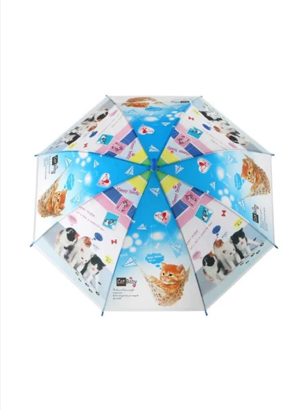 8 Telli Yarı Otomatik 84cm Çaplı Düdklü Kedi Desenli Çocuk Baston Şemsiye - 6