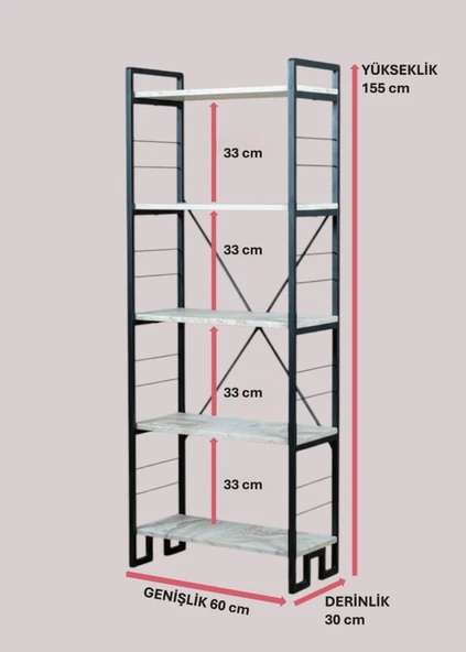 DEKORATİF BEYAZ AHŞAP RAFLI METAL KİTAPLIK ÇOK AMAÇLI 5 RAFLI DOLAP MATKAPSIZ KOLAY KURULUM - 5