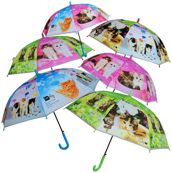 8 Telli Yarı Otomatik 84cm Çaplı Düdklü Kedi Desenli Çocuk Baston Şemsiye - 5
