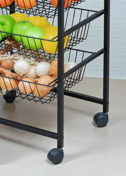 DEKORATİF SİYAH METAL SEBZELİK TEKERLEKLİ 4 RAFLI TEL SEPETLİ ÇOK AMAÇLI STAND - 4