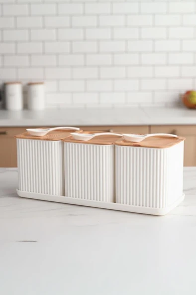 Atbyhome Valverdi - 3'lü 10 Parça Kaşıklı Bambu Görünümlü Tezgah Üstü Plastik Baharat Bakliyat Kavanoz Seti ürün görseli