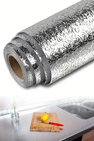 Rulo Gümüş Alüminyum Folyo Duvar Kağıdı, Kendinden Yapışkanlı Raf İçi, Su Geçirmez Folyo  2 mt x 60 cm - Resim 6