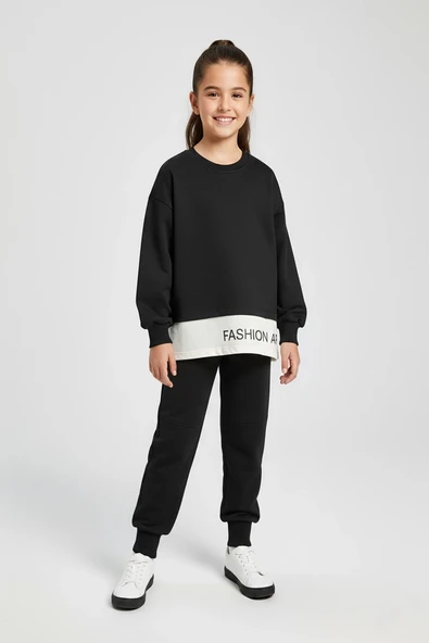 Yazı Detaylı Tarz Siyah Renk Kız Çocuk Takım - Resim 2