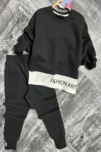 Yazı Detaylı Tarz Siyah Renk Kız Çocuk Takım - Resim 5