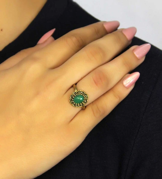 Doğal Taş Yeşil Akik Doğal Taşlı Antik Model Kadın Ayarlanabillir Yüzük euy77ya ürün görseli