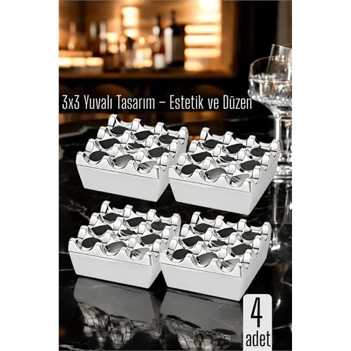 4 lü Metal Döküm Küllük – 3x3 Yuvalı, Krom , Modern ve Ağırlıklı Tasarım ürün görseli 1