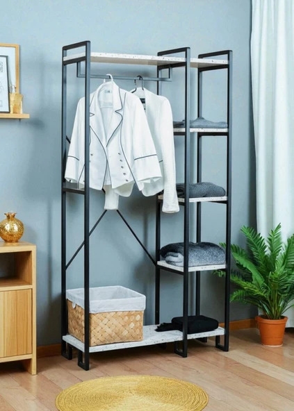 DEKORATİF METAL AYAKLI BEYAZ AHŞAP RAFLI ELBİSE ASKILIĞI AYAKKABILIK ÇOK AMAÇLI PORTATİF PORTMANTO GARDIROP - 6