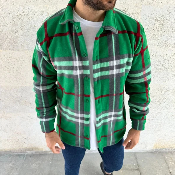 Erkek Ekose Desenli Düğmeli Polar Yakalı Uzun Kollu Gömlek Oversize Rahat Kalıp - Yeşil - Resim 2