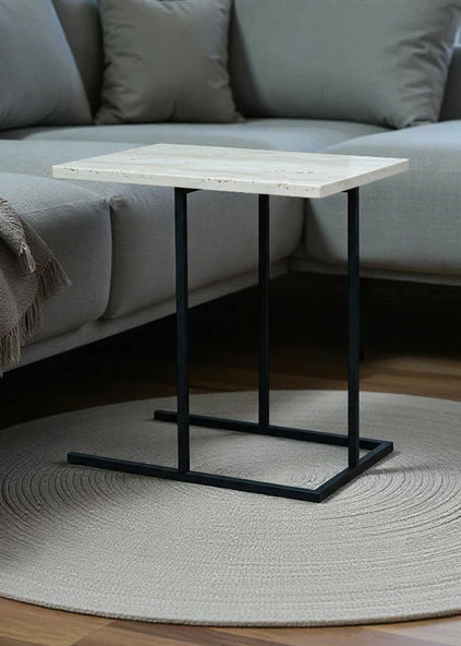 DEKORATİF BEYAZ METAL YAN SEHPA AHŞAP RAFLI KOLTUK YANI SERVİS SEHPASI ÇOK AMAÇLI ZİGON C SEHPA - 7