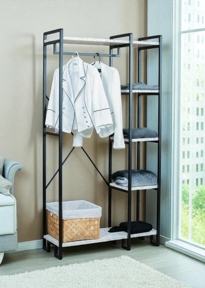 DEKORATİF METAL AYAKLI BEYAZ AHŞAP RAFLI ELBİSE ASKILIĞI AYAKKABILIK ÇOK AMAÇLI PORTATİF PORTMANTO GARDIROP