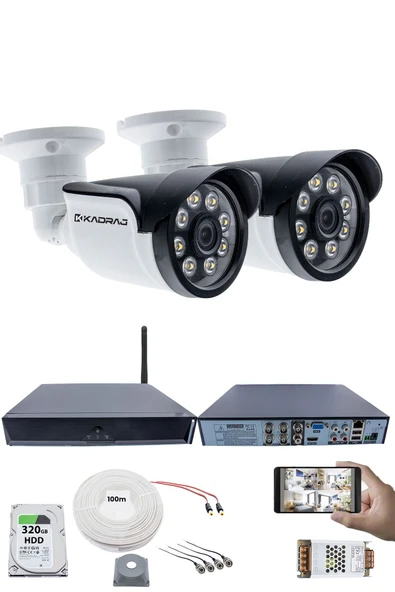 2 Kameralı Güvenlik Seti - 5MP Sony SecuLens, 1080p AHD, 8 Warm LED, Gece Renkli Görüş, Full HD, 5MP DVR + WiFi Adaptörü, V1
