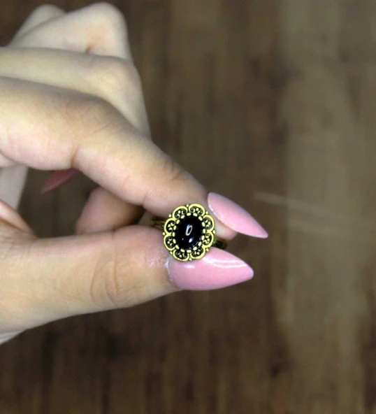 Doğal Taş Oniks Doğal Taşlı Antik Model Kadın Ayarlanabillir Yüzük euy77o - Resim 3