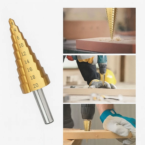 Kademeli Matkap Ucu 4 20 mm Titanyum Kaplama Metal Sac Delme Spiral Uç Seti Konik Basamaklı Çelik - Resim 2