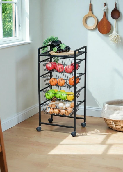 DEKORATİF SİYAH METAL SEBZELİK TEKERLEKLİ 4 RAFLI TEL SEPETLİ ÇOK AMAÇLI STAND - 8