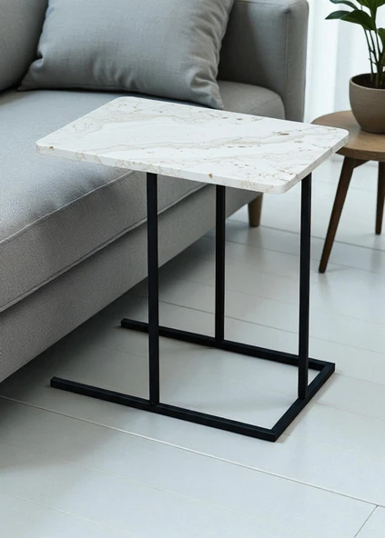 DEKORATİF BEYAZ METAL YAN SEHPA AHŞAP RAFLI KOLTUK YANI SERVİS SEHPASI ÇOK AMAÇLI ZİGON C SEHPA - 4