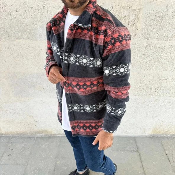 Erkek Desenli Polar Gömlek – Etnik Şerit Desen Yakalı, Uzun Kollu, Düğmeli, Oversize Rahat Kalıp - Füme - Resim 3