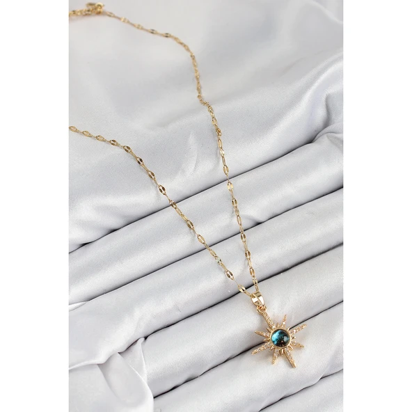 316L Çelik Zirkon Taşlı Kutup Yıldızı Model Gold Renk Kadın Kolye Vice-5353 - 2