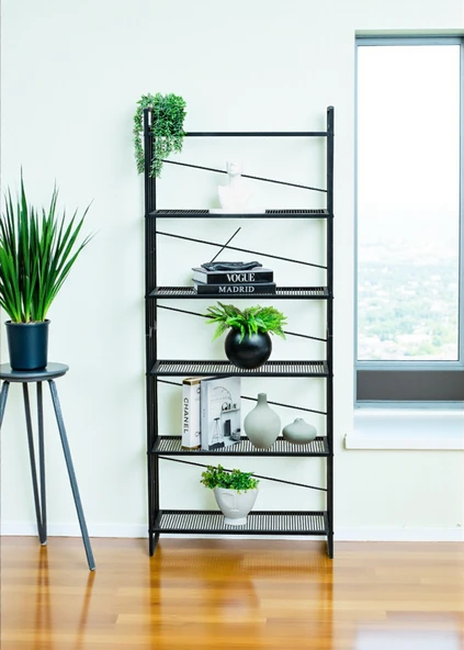 DEKORATİF SİYAH METAL KİTAPLIK 6 RAFLI ÇOK AMAÇLI STAND SALON VE ÇALIŞMA ODASI DÜZENLEYİCİ - 6