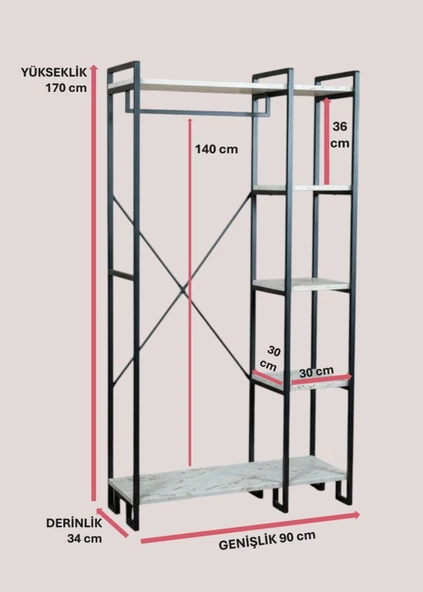 DEKORATİF METAL AYAKLI BEYAZ AHŞAP RAFLI ELBİSE ASKILIĞI AYAKKABILIK ÇOK AMAÇLI PORTATİF PORTMANTO GARDIROP - 5