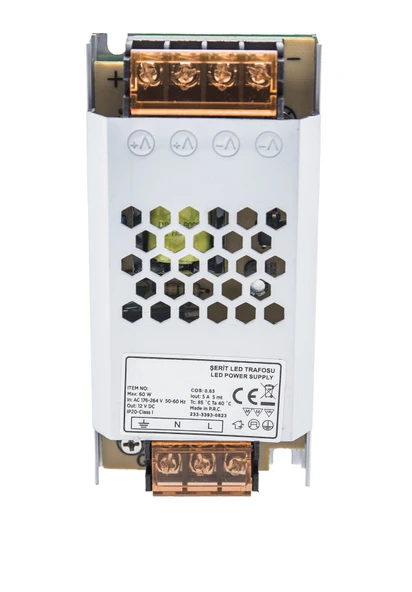 60W - 12V , 5A Güçlü LED Şerit Trafo - Geniş Gerilim Aralığı, IP20 Koruma Sınıfı - 1