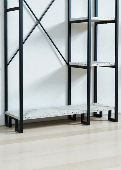 DEKORATİF METAL AYAKLI BEYAZ AHŞAP RAFLI ELBİSE ASKILIĞI AYAKKABILIK ÇOK AMAÇLI PORTATİF PORTMANTO GARDIROP - 8