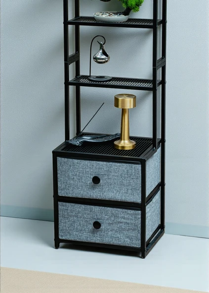 DEKORATİF SİYAH METAL KİTAPLIK 5 RAFLI 2 ÇEKMECELİ KOMİDİN ÇOK AMAÇLI STAND ORGANİZER - 7