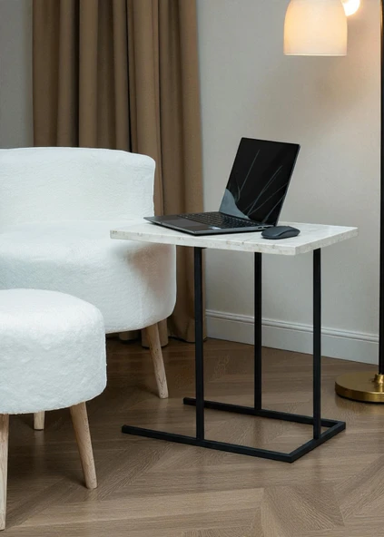 DEKORATİF BEYAZ METAL YAN SEHPA AHŞAP RAFLI KOLTUK YANI SERVİS SEHPASI ÇOK AMAÇLI ZİGON C SEHPA - 3