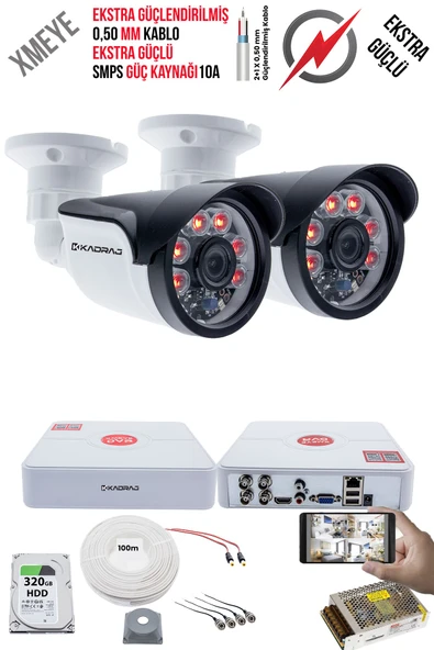 2 Kameralı Güvenlik Kamera Seti - Ekstra Uzun Mesafeli Güçlü, 5MP Sony Lens, 70m Dayanıklı Kablolama, 6 Atom LED, 320GB H.D.D