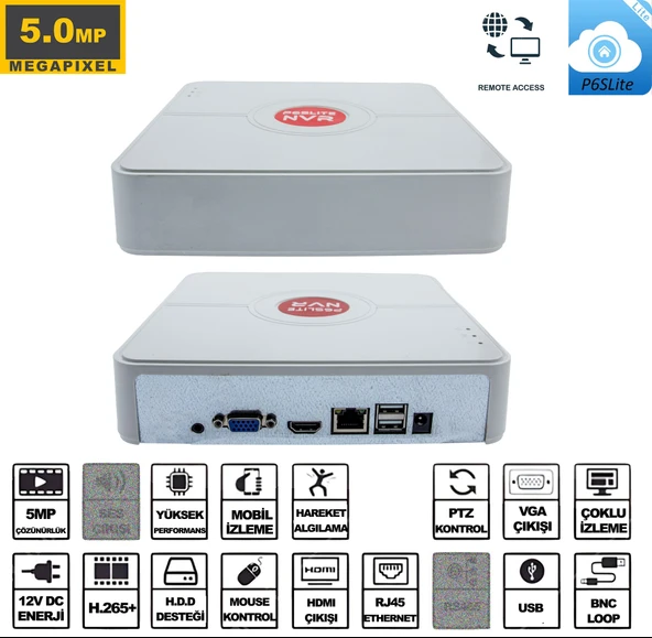 Kadraj NVR Kayıt Cihazı 9 Kanal 5MP 1080P H265 5in1 Hibrit P6SLite - 2
