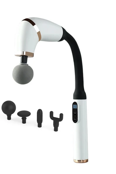 Glr FH-318 Beyaz Uzun Saplı Masaj Tabancası 6 Hızlı Profesyonel Perküsyon Kas Masajı | 4 Başlıklı